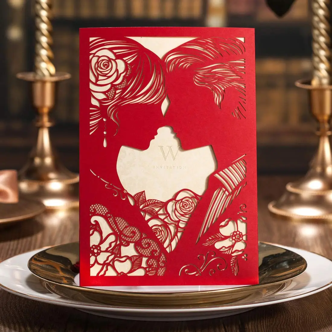  20Pcs Red & White Laser Cut Wedding Invitations Card Bride and Groom Kiss Hollow-Out Engagement Bri - 33022910012