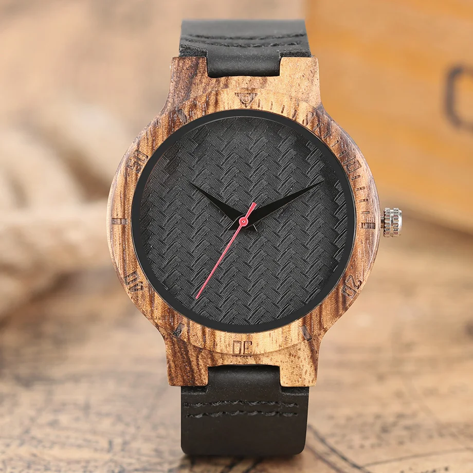 Top Men's Wooden Watches High Quality Black Handmade Natural Wood Bamboo Quartz-watch No Number Face Chic Second Hand Clock Male (34)