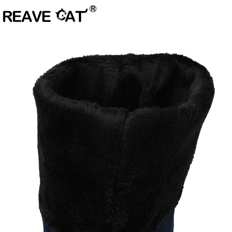 REAVE CAT/Большие размеры 32-43 Для женщин Сапоги выше колена Туфли без каблуков ботинки Sapatos femininos из флока цвет: черный, синий красный мода Повседневное PH049