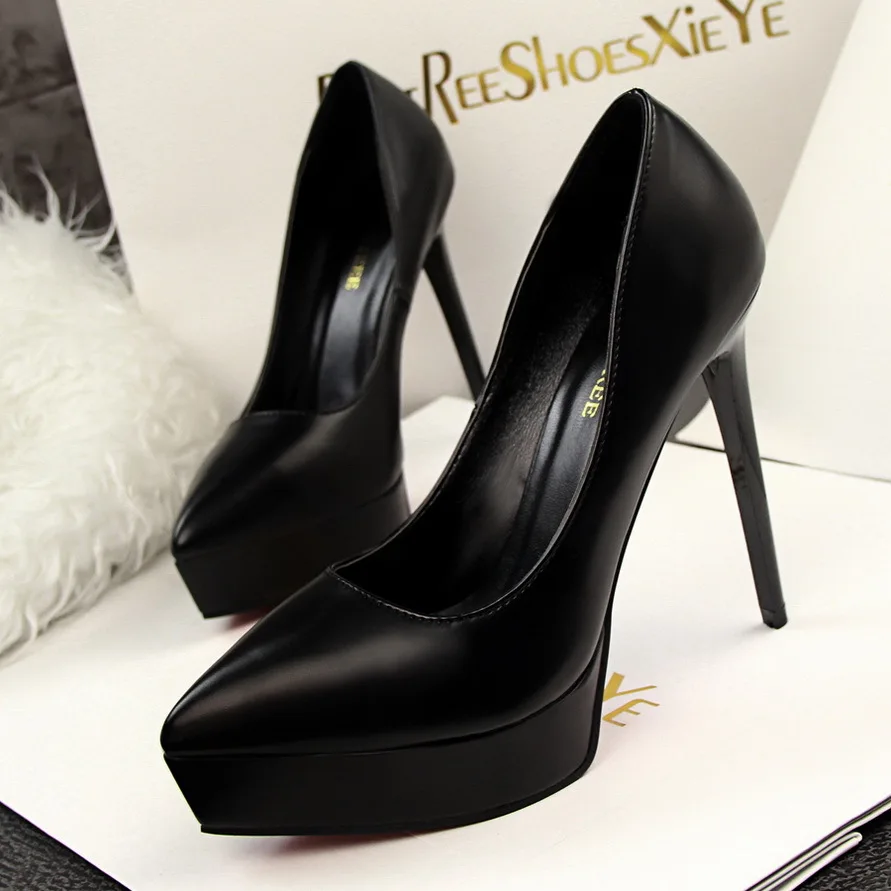 BIGTREE/модные кожаные туфли с острым носком женские туфли-лодочки женские тонкие туфли на высоком тонком каблуке 12 см с острым носком, водонепроницаемые - Цвет: Черный и бежевый