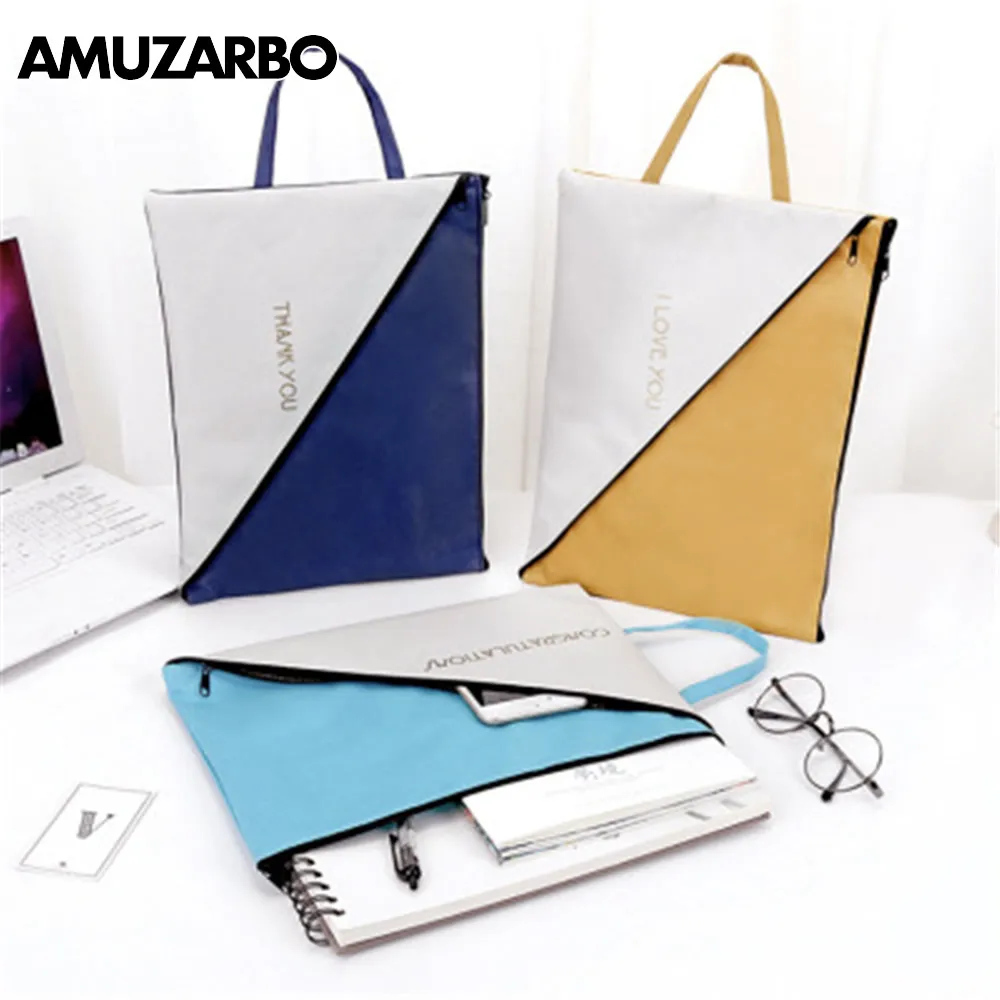 

Creative simple hand stitching A4 double zipper file bag large capacity storage bag waterproof data bag file organizer folders