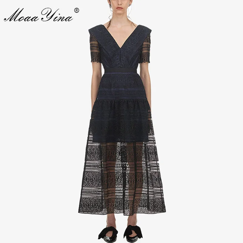 

MoaaYina Fashion Designer Runway dress Spring Summer Women Dress V-neck Short sleeve Lace Slim Elegant high quality Dresses