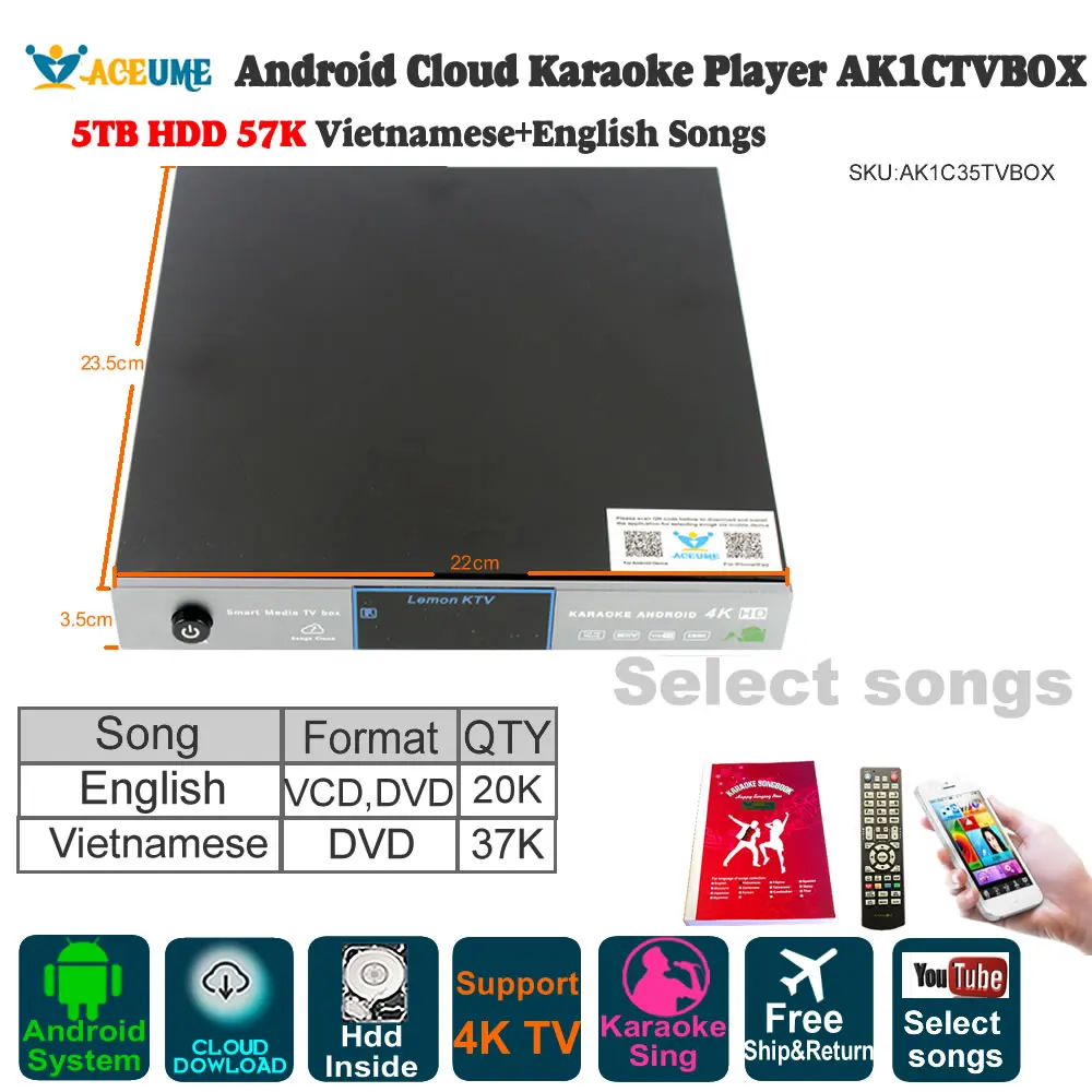 5TB HDD 57K English,Vietnamese Song Android Cloud Karaoke Machine
