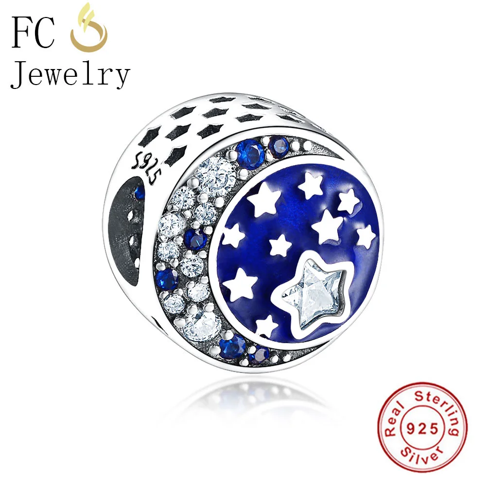 FC ювелирное изделие, браслет Pandora, 925 пробы, серебро, луна, звезда, синяя эмаль, небо, натуральный камень, бусина, изготовление, Berloque