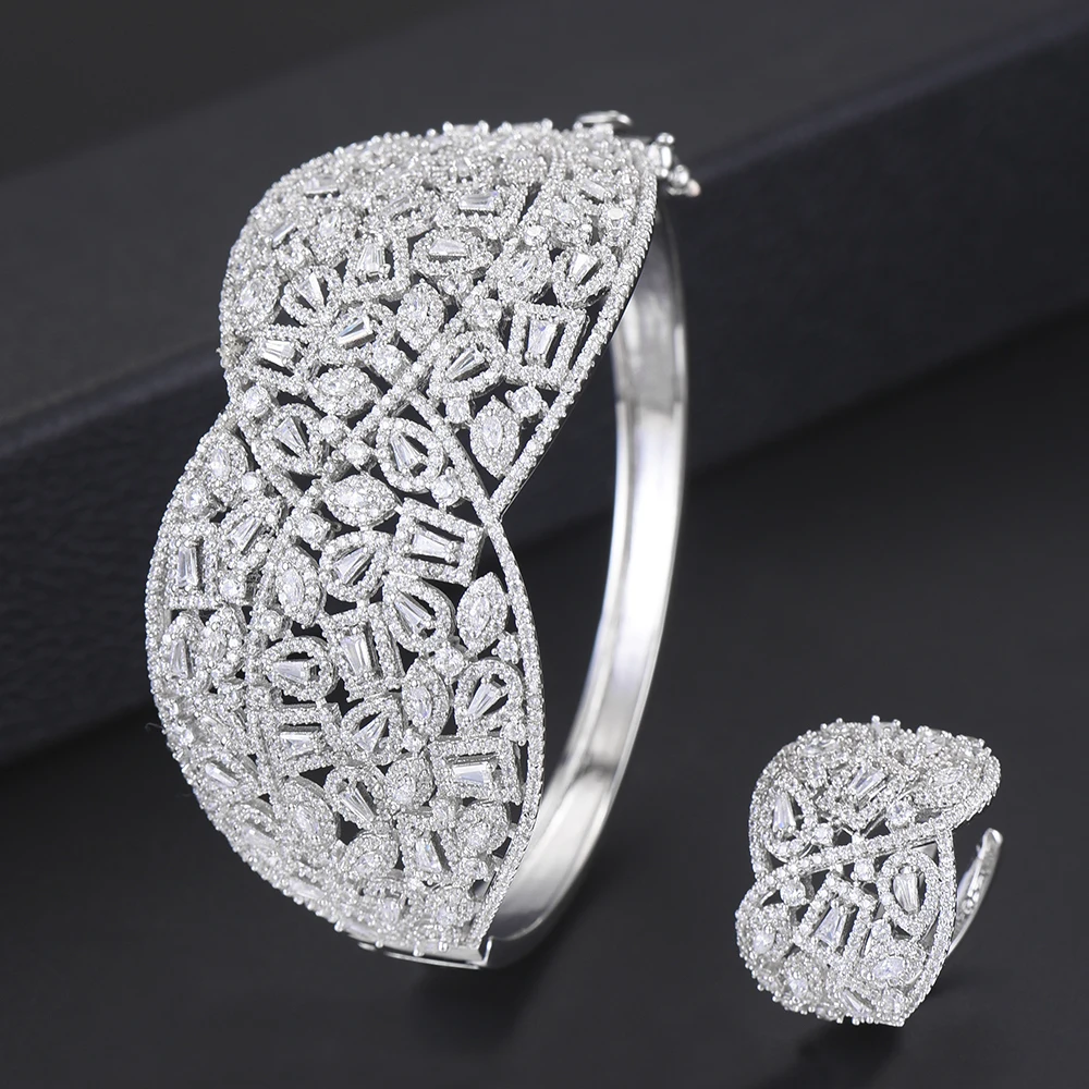 2PCS Jewelry Set Indian Style Wide Surface Full Cubic Zirconia Bangle Bracelet Ring jewelry sets For Women Engagement | Украшения и