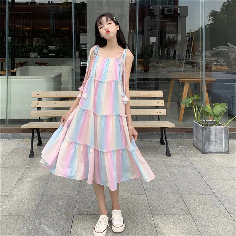 

Pastel Harajuku Dress Rainbow Strap Dresses Women Korean Sweet Loose Long Dress Summer Casual Female