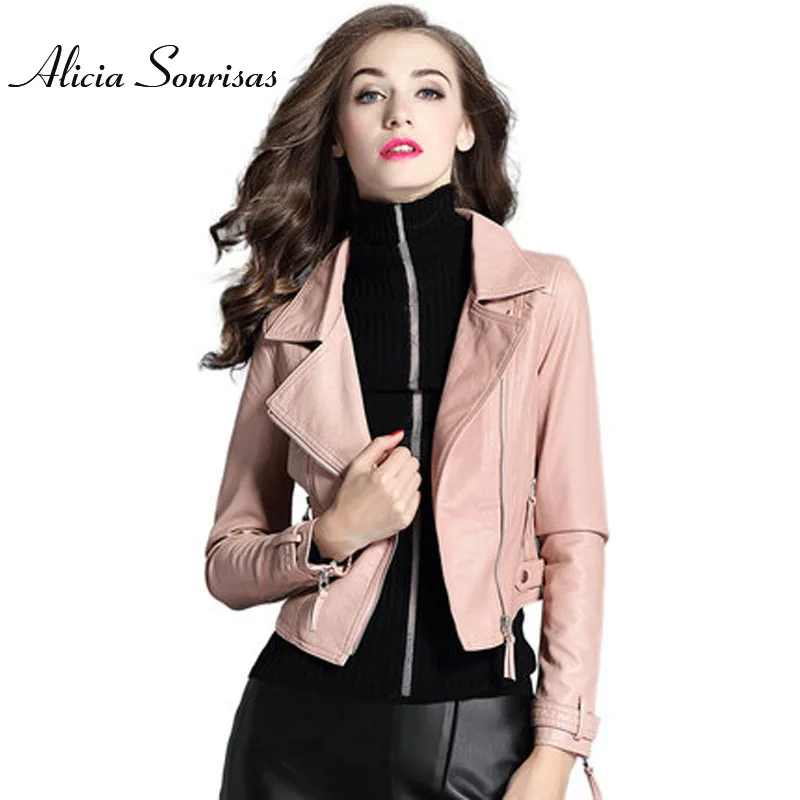 

2018 Women Leather Jacket New Spring Pink Grey Street Soft SlimThin Motorcycle Biker Washed PU Leather Coat MDAW25816