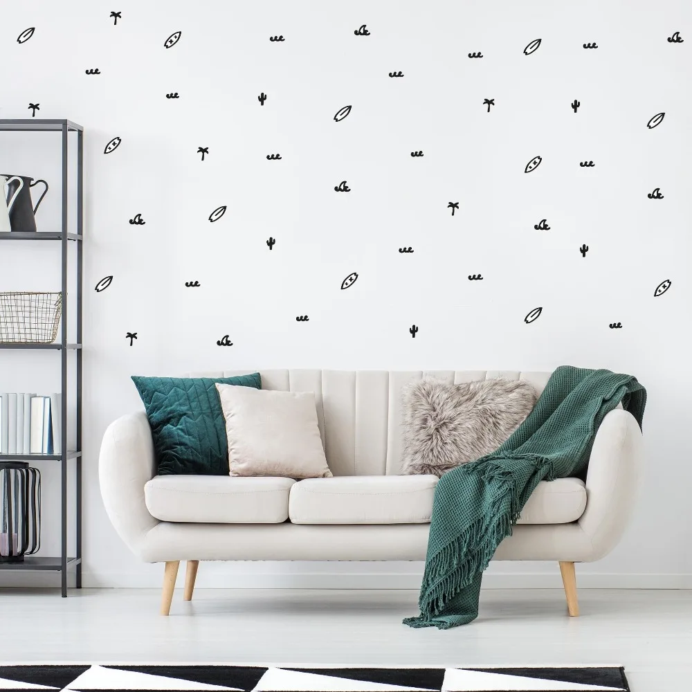 Surf Pattern Palm Tree Whale Wave Surfboard Cactus Wall Decal Kids Room Nursery Cartoon Surfing Summer Beach Wall Sticker Vinyl  (1)
