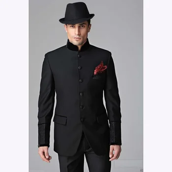 

Six Buttons Groomsmen Mandarin Lapel Groom Tuxedos Black Mens Suits Wedding Best Man men suit 2017(Jacket+Pants+Tie+Hankerchief)
