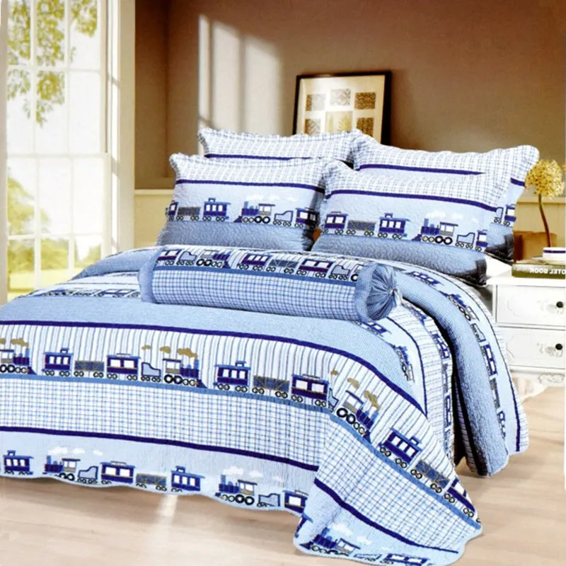 

Free shipping cotton 3 pcs children cartoon style train coverlet full/queen size applique patchwork quilt bedspread AN