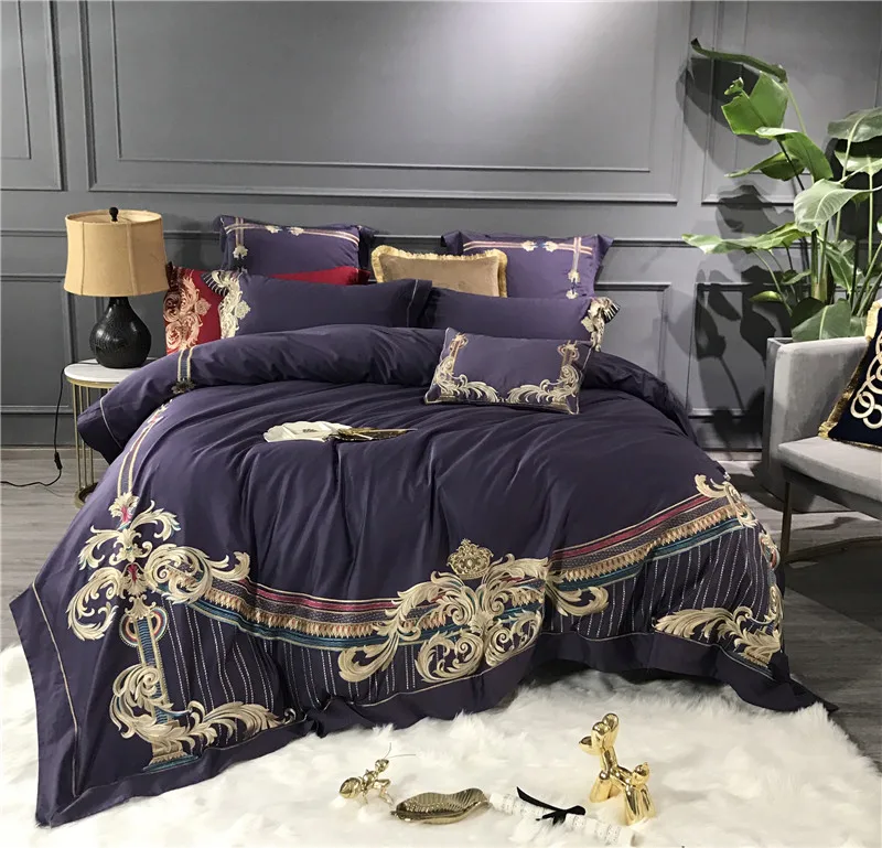 

Luxury Purple Blue Green White 80S Egyptian Cotton Gold Embroidery European Palace Bedding Set Duvet Cover Bed sheet Pillowcase
