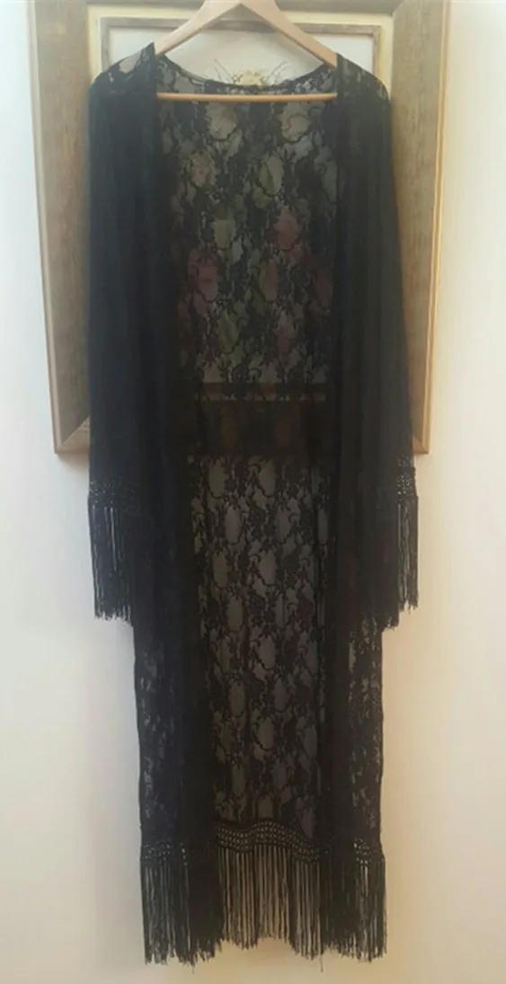 plus size blouses LisVintion Women Summer Tops Sexy Lace Blouse Black Long Sleeve Kimono Cardigan Shirts Hollow Out Tassel Fringed Beach Outwear satin shirts for women