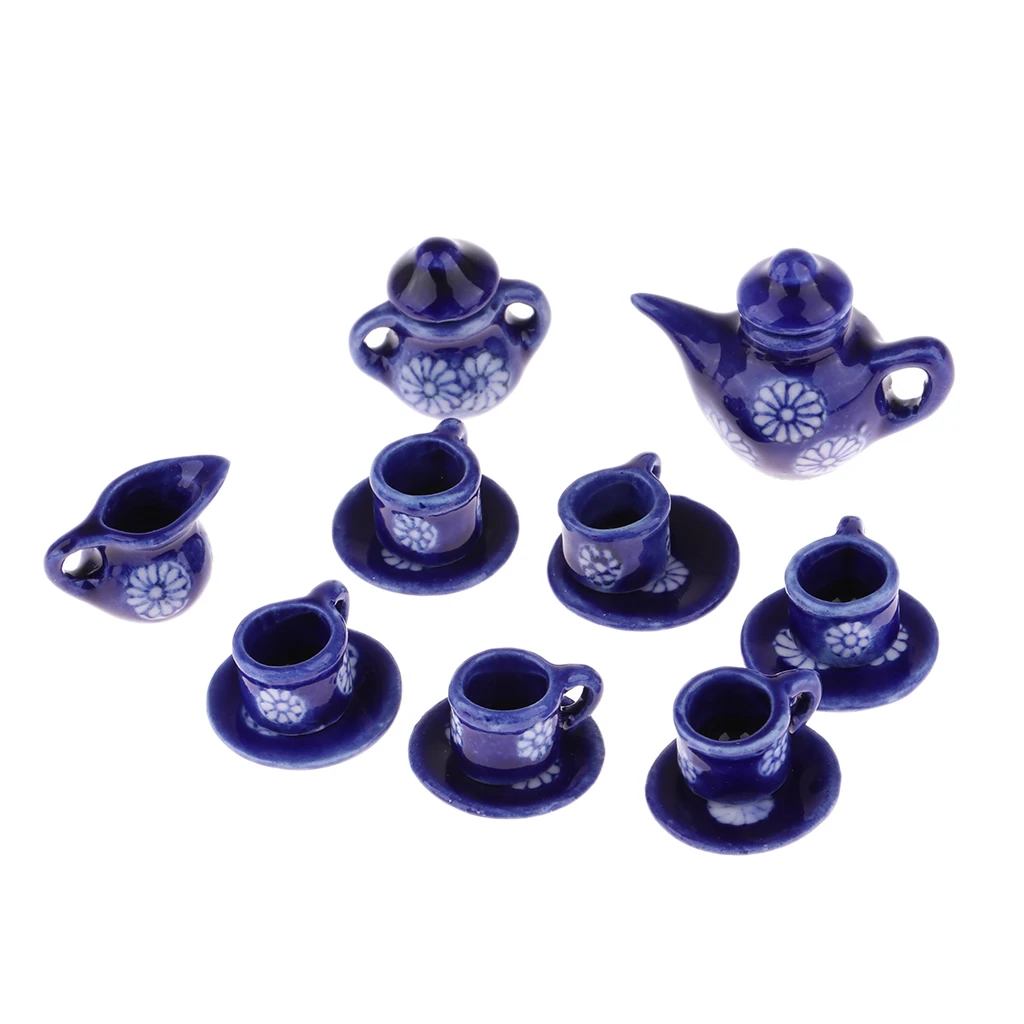 15 Pcs Doll House  Coffe Tea Set Miniature Dining Ware Porcelain Tea Set Dish Cup Plate Dolls Tableware Accesssories