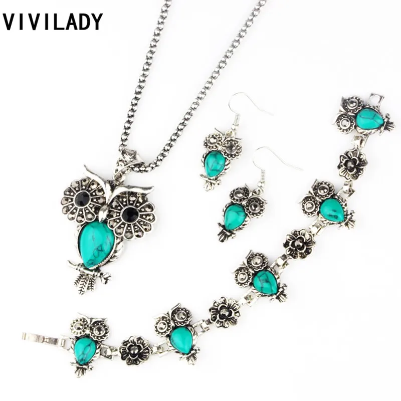 

VIVILADY Fashion Owl Jewelry Sets Women Vintage Silver Color Black Blue Natural Stones Flowers Necklaces Earrings Bracelet Gifts