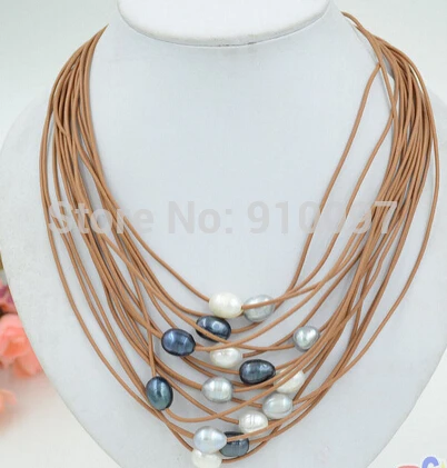 

LHX54013>>>>15row 20" 13mm black gray white rice freshwater pearl coffee leather neckl