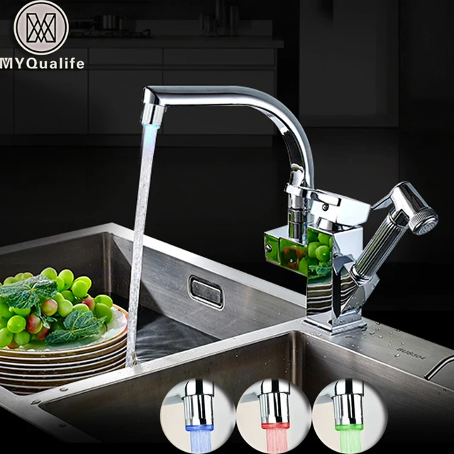 Cheap LED Light Kitchen Faucet Mixer Tap Single Handle Two Swivel Spouts Kitchen Hot Cold Water Tap Pull Out Flushing Spray Tap