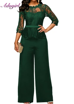 

Adogirl women summer jumpsuit O-Neck Half S Wide Leg Pants Bodysuit Lace Patchwork Bodycon Rompers Womens Overalls