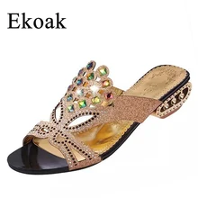 Ekoak Taille 35-41 Nouveau 2016 D’été De Mode Strass Femmes Sandales Partie de Dames Chaussures Femme Talon Moyen Cut-outs Pantoufles