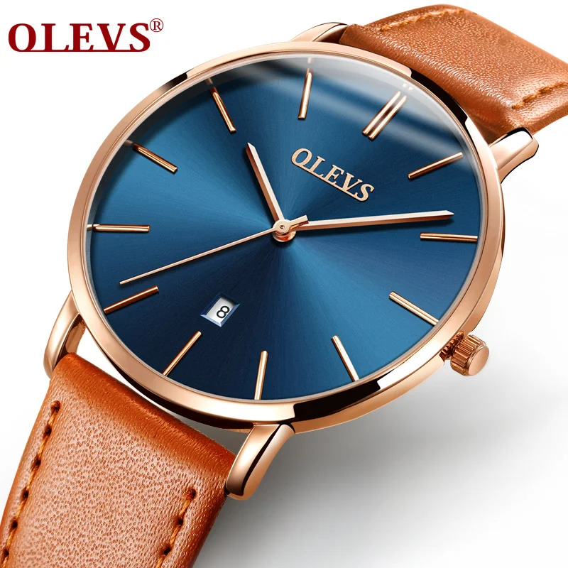 Мужские часы люксовый бренд OLEVS кварцевые часы с ремешком из натуральной кожи минималистичные ультратонкие наручные часы водонепроницаемые часы высокого качества Relogio