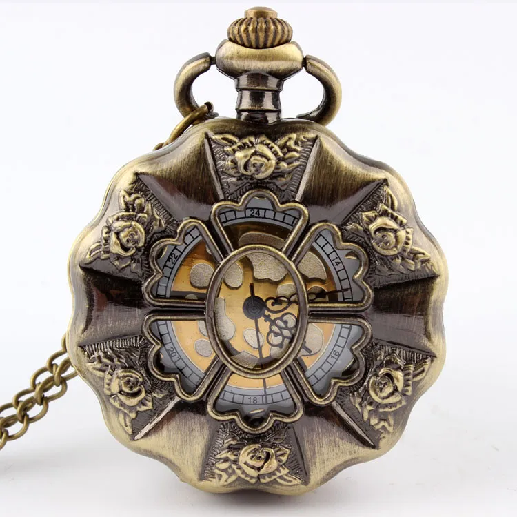 Fashion Vintage Bronze Sunflower Full Steel Steampunk Pocket Watch Hollow Analog Skeleton Engraved Lotus Necklace Pocket 3