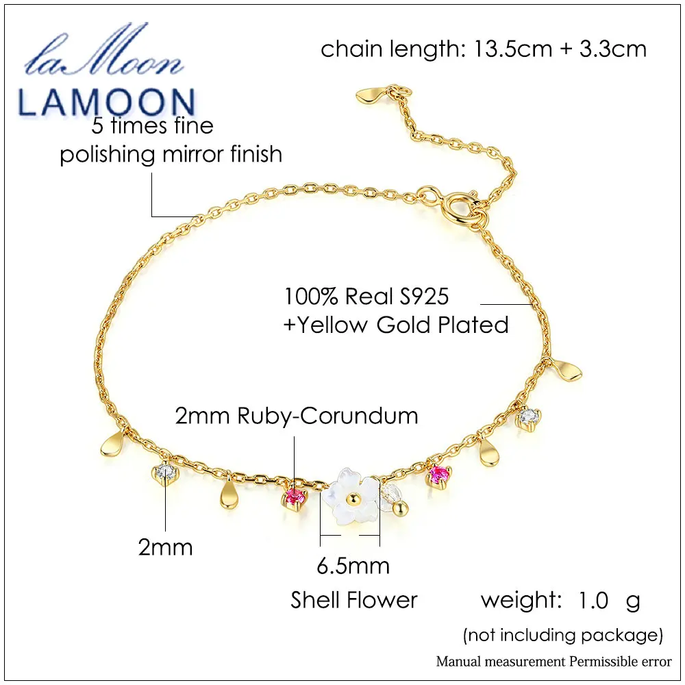 LAMOON Bracelet For Women 100% Natural Gemstone Red Corundum Shell Flower 925 Sterling Silver Jewelry Charm Fine Jewelry LMHI056