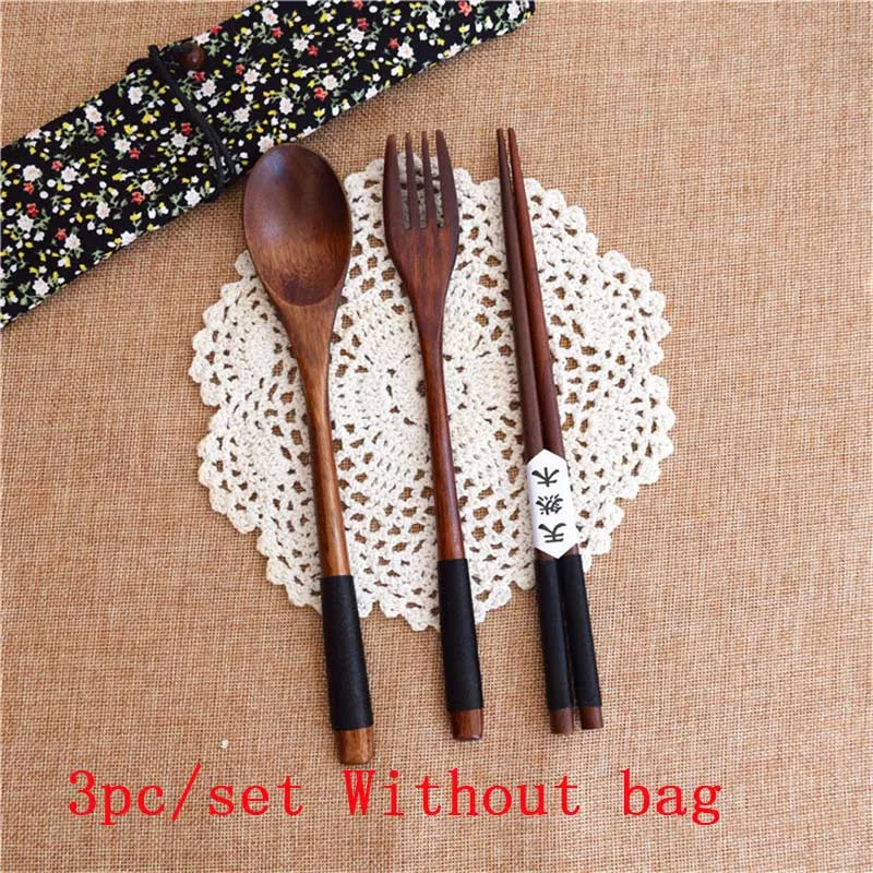 Wood Portable Tableware Travel Dinnerware Suit Wooden Cutlery Sets Environmental with Cloth Pack Gift - Цвет: black