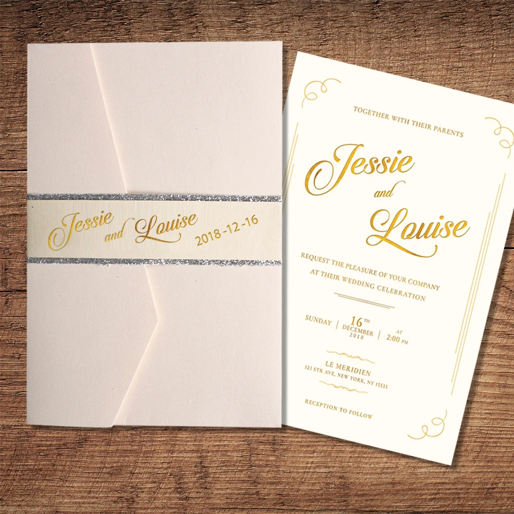  Ivory White Pocket Wedding Invitation Customized Invitation Cards with Silver Liner - Set of 50 pcs - 32876116854