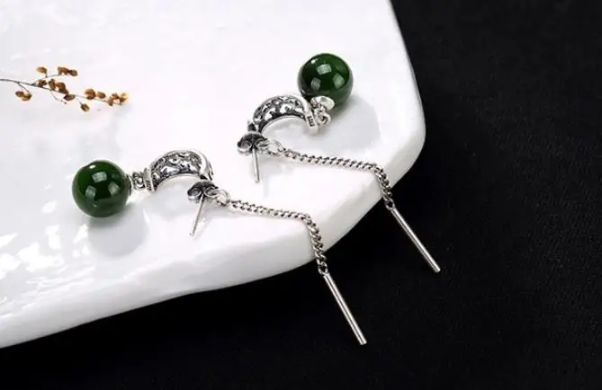 

Sterling S925 925 silver Drop Earrings Natural stone Nephrite bead for woman earring trendy