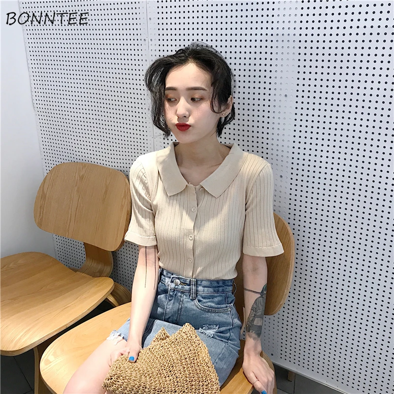 

T-shirts Women Retro Solid Color Striped All-match Fashion Womens Clothes Korean Style Daily Simple Casual Summer Elegant Chic