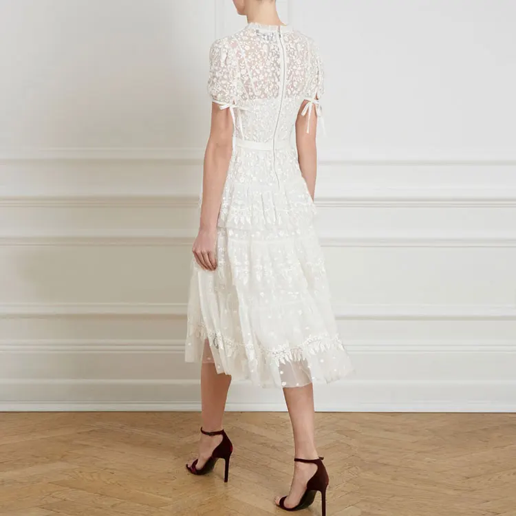 SMTHMA, высокое качество, новая мода, летнее подиумное платье, женское, v-образный вырез, короткий рукав, открытая вышивка, белое кружевное платье