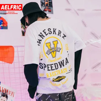

Aelfric Korean Style T-Shirts Fake Two Pieces Long Sleeve T Shirt 2018 New Letter Printed Women Casual Hip Hop Tee Shirt RN11