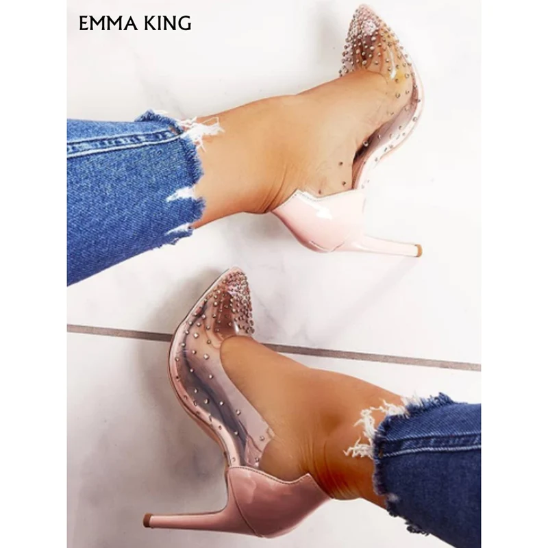 

Rhinestone Embellished Transparent Thin Heels Sexy Pumps Patchwork Cocktail & Party Heel Height 10cm Shoes Woman Free Shipping