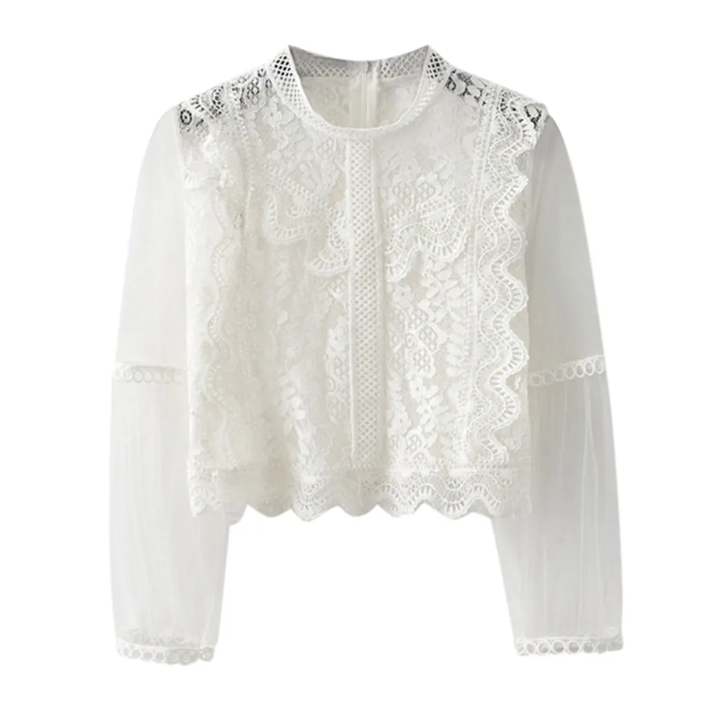 Lace Tops 2019 Women Summer Sexy Lace Floral Long Sleeve See Through Short Top Blouse