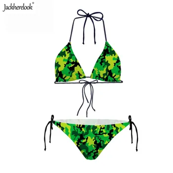 

Jackherelook 3D Camouflage Design Women Two Pieces Bikinis Sexy Halter Bandage Beach Swimwear Female Brazilian Push Up Swimsuits
