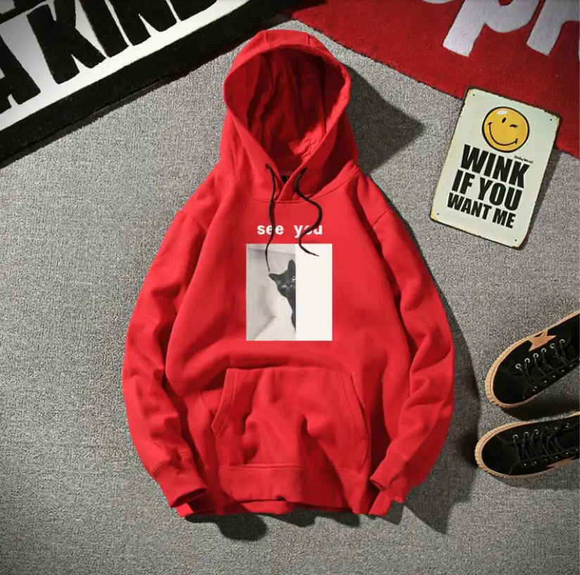 

2018 spring and autumn loose cat print long sleeve hooded sweatshirt female