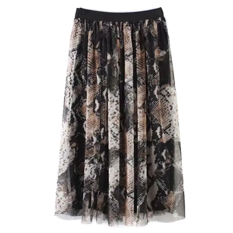 Женская винтажная сетчатая миди плиссированная юбка со змеиным Узором Ретро эластичная талия до середины икры качели A-Lined Skater Femme