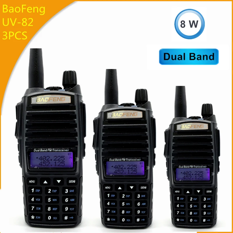 3 шт. Baofeng UV82 Dual Band иди и болтай Walkie Talkie “иди и UV-82 Любительское радио, Си-Би радиосвязь 8 Вт переговорные 136-174/400-520 МГц ради