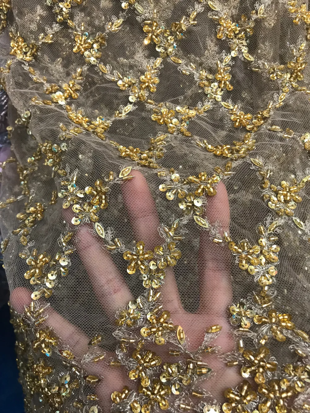 

Luxury gold colour french net sequins embroidery tulle mesh lace fabric with beads for wedding dress
