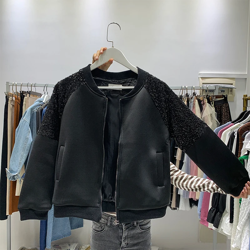Корейский блестками лоскутное женский Черный куртки Новинка 2019 года осень Vogue