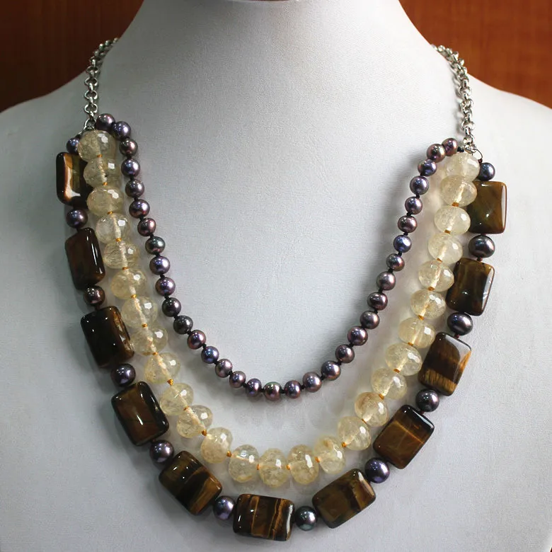 

wholesale/retail mixed pearl tiger stone and crystal lady's fancy necklace