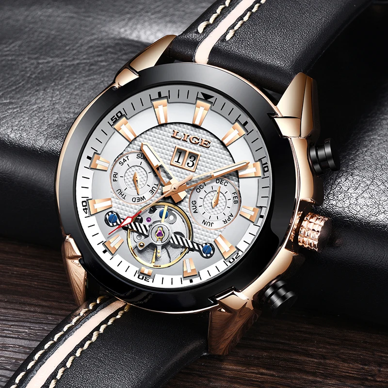 

LIGE 2019 Watch Mens Leather Strap Mechanical Tourbillon Military Sport Wristwatch Waterproof Male Clock Relogio Masculino+Box