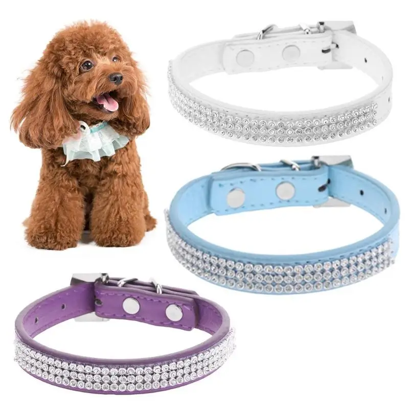 

Rhinestone Soft Leather Pet Collar Cat Puppy Dog Leash for Small Medium Dog Adjustable Training Dog Necklace White Blue Purple
