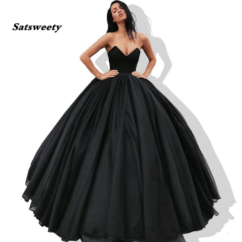 Elegant-Black-Ball-Gown-Evening-Gowns-V-Neck-Strapless-Organza-Floor-Length-Bandage-Long-Prom-Women