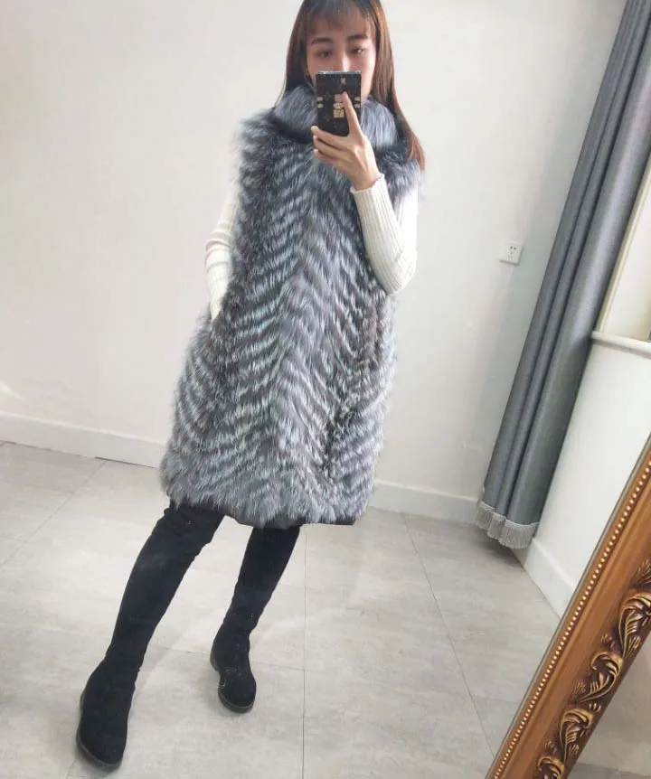 

New fox fur female vest leather grass long section vest silver fox color car crafts down thick liner warm coat