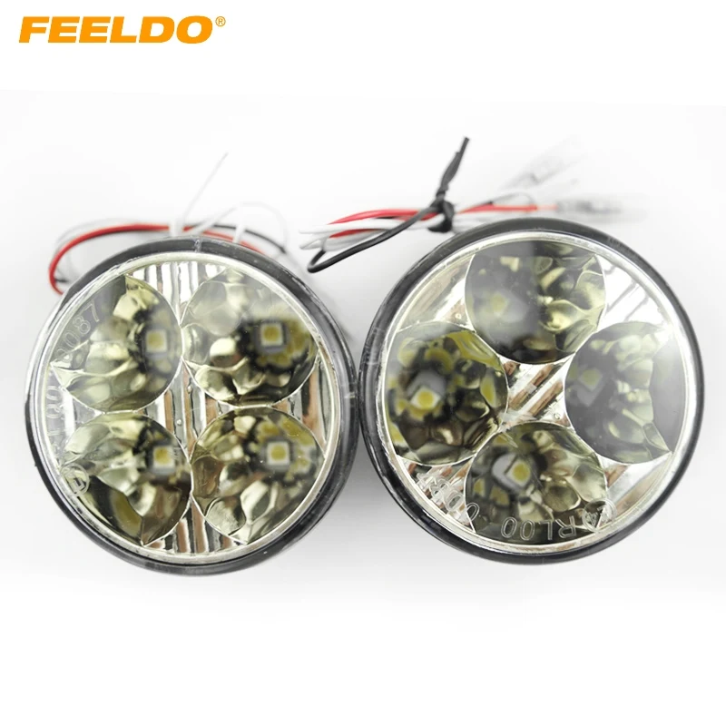 

FEELDO 2Pcs/set New Car Round Daytime Running Light 5050 4LED With Automatic Switch DRL #AM2899