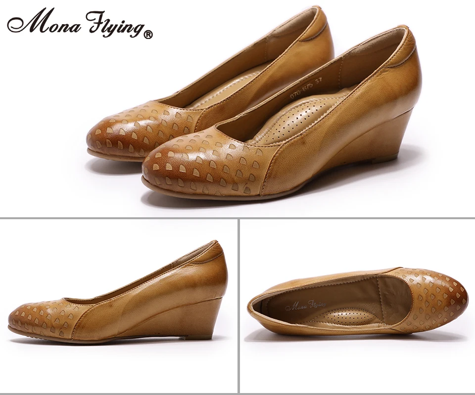 Mona Flying/женские туфли-лодочки на танкетке из натуральной кожи; модельные туфли ручной работы с круглым носком на высоком каблуке для женщин; 078-A05