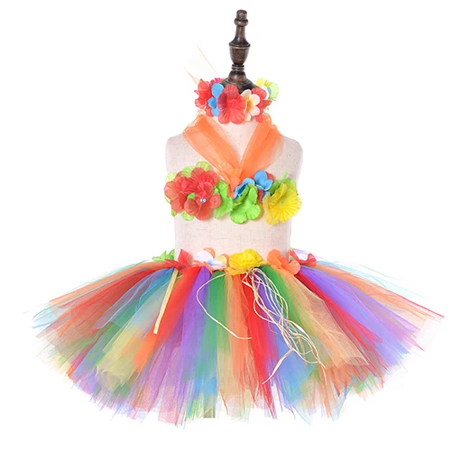 dress with a set Радуга тропический лес гавайский танец хула пачка комплект для маленьких девочек 1 день рождения для Гавайской вечеринки платье с Цветочная повязка на голову пляж костра фотосессии - Цвет: dress with a set