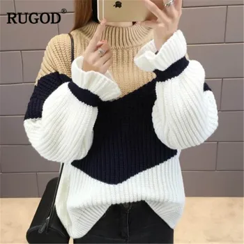 

RUGOD Women Contrast Color Sweater 2019 Spring Casual O Neck Long Flare Sleeve Pullover Fashion All-match Knitted Sweater Tops