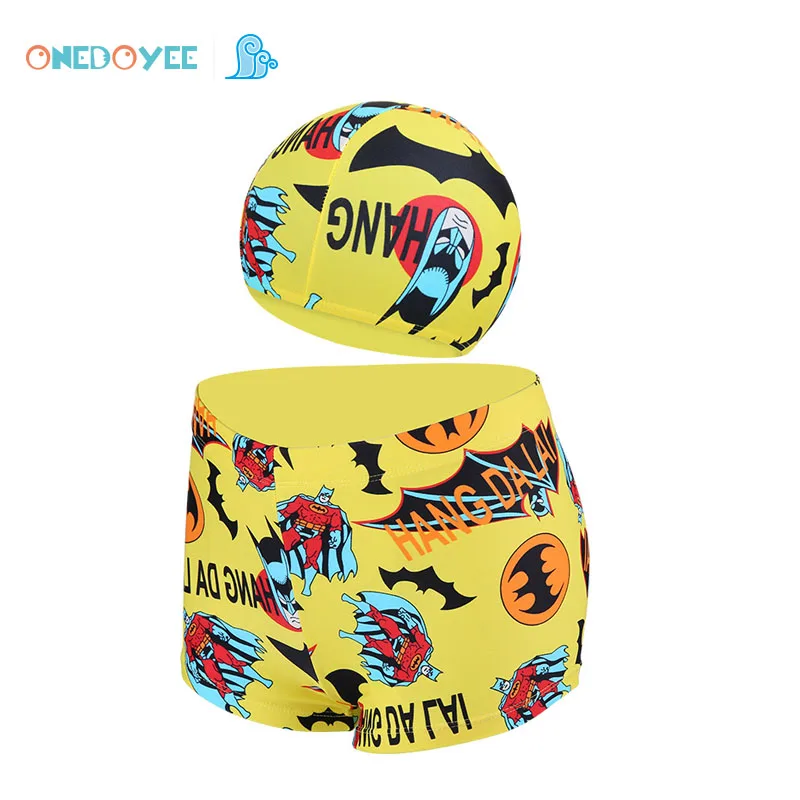 

ONEDOYEE Children Swimming Trunks Cap Sets Kids Cartoon Swimming Pats Hats Polyester Boys Swimwear Beach Wear Bathing suit