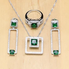 925 серебряные ювелирные наборы квадратный зеленый камень белые длинные серьги из циркония для женщин кулон кольцо Свадебные ювелирные изделия ожерелье набор